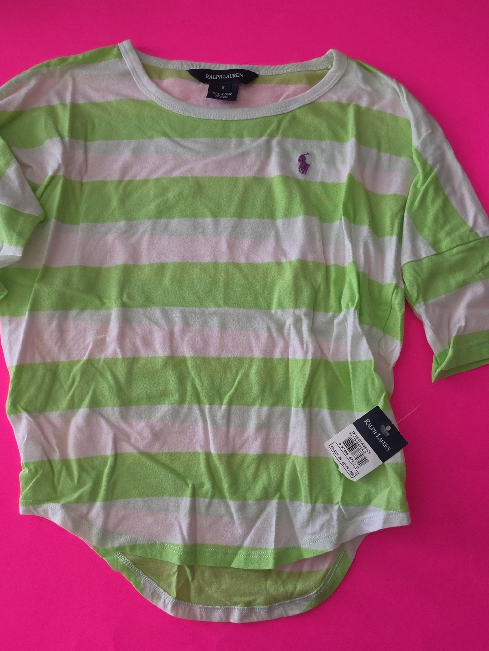 Ralph Lauren Lime Green and White Striped Girls Tee with Purple Pony